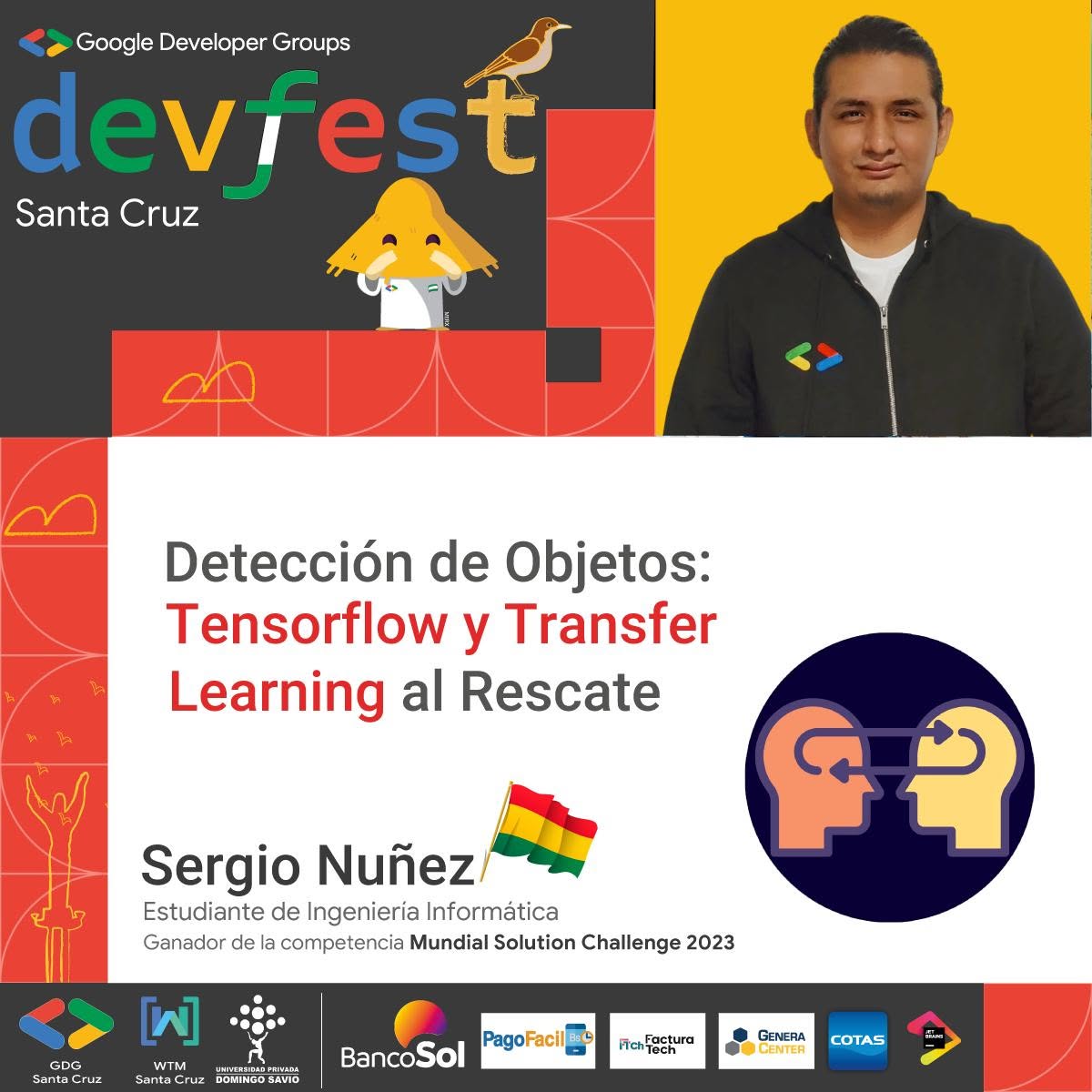 Official DevFest Santa Cruz 2023 speaker artwork for the talk 'Detección de Objetos: Tensorflow y Transfer Learning al Rescate'