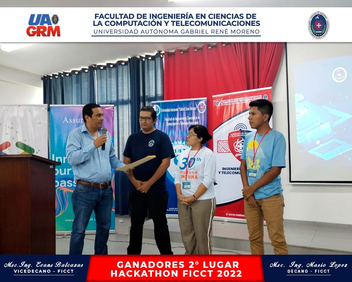 Award ceremony for the second-place winners of Hackathon FICCT 2022 at UAGRM
