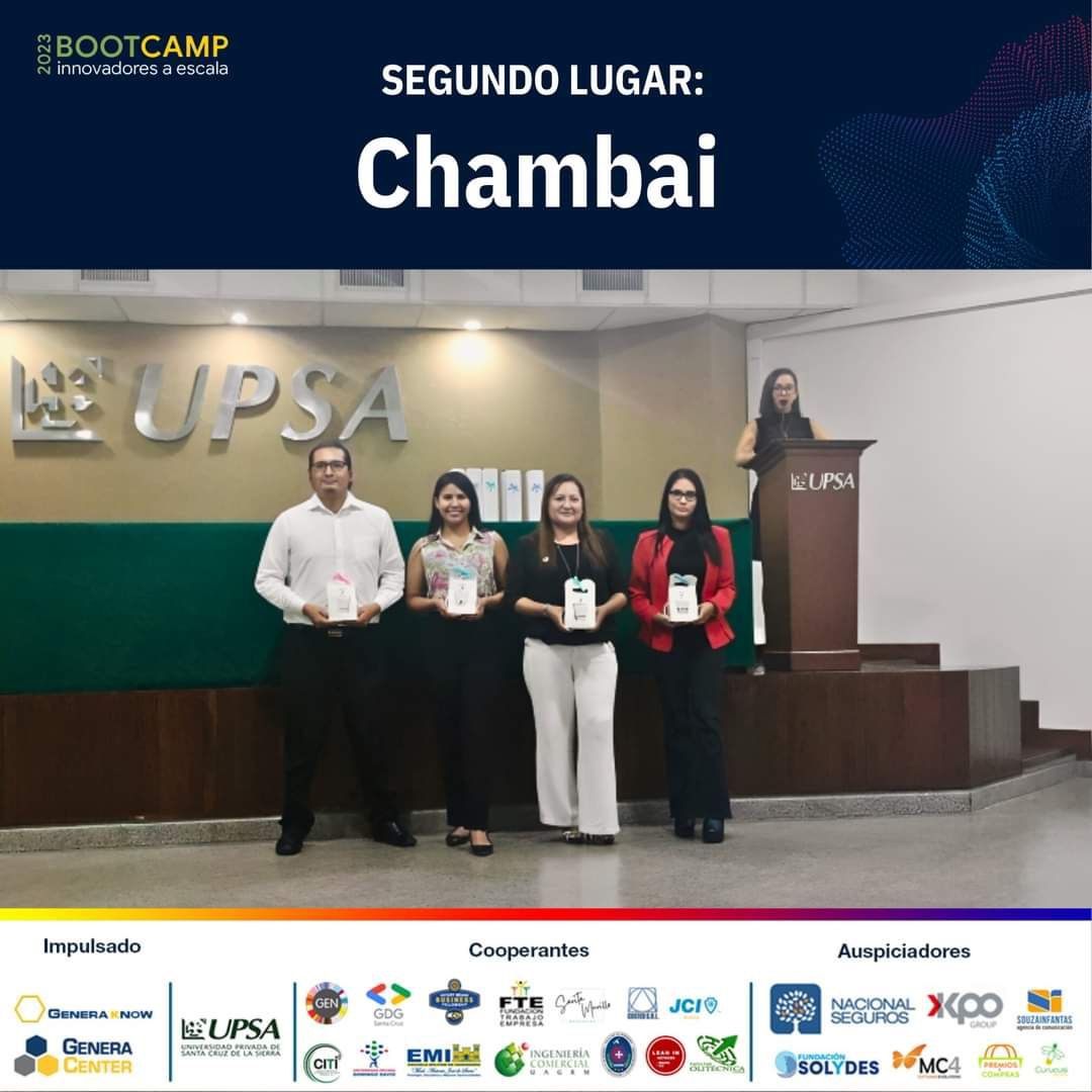 Official announcement of Chambai as second place at Bootcamp Innovadores a Escala 2023, with the team at UPSA