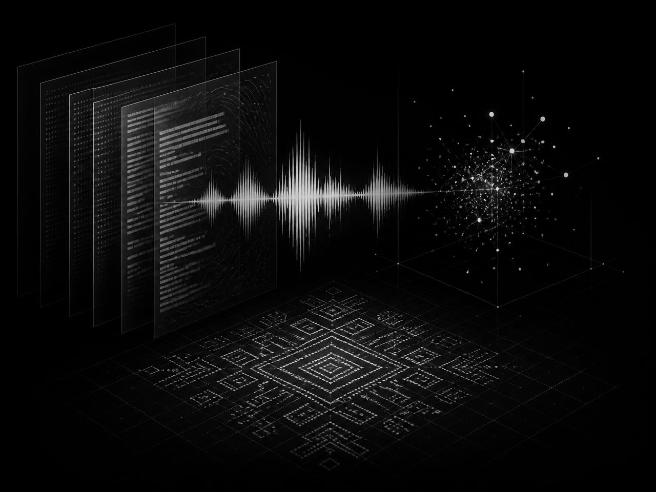 Monochrome mockup of language corpora, speech waveform and embedding visualizations