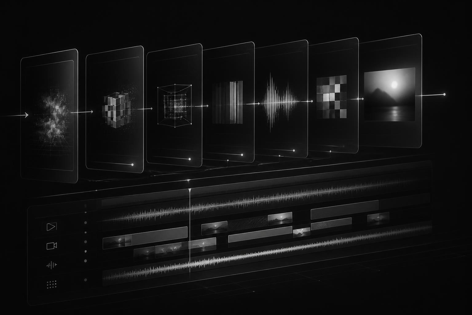 Monochrome mockup of an automated media processing pipeline
