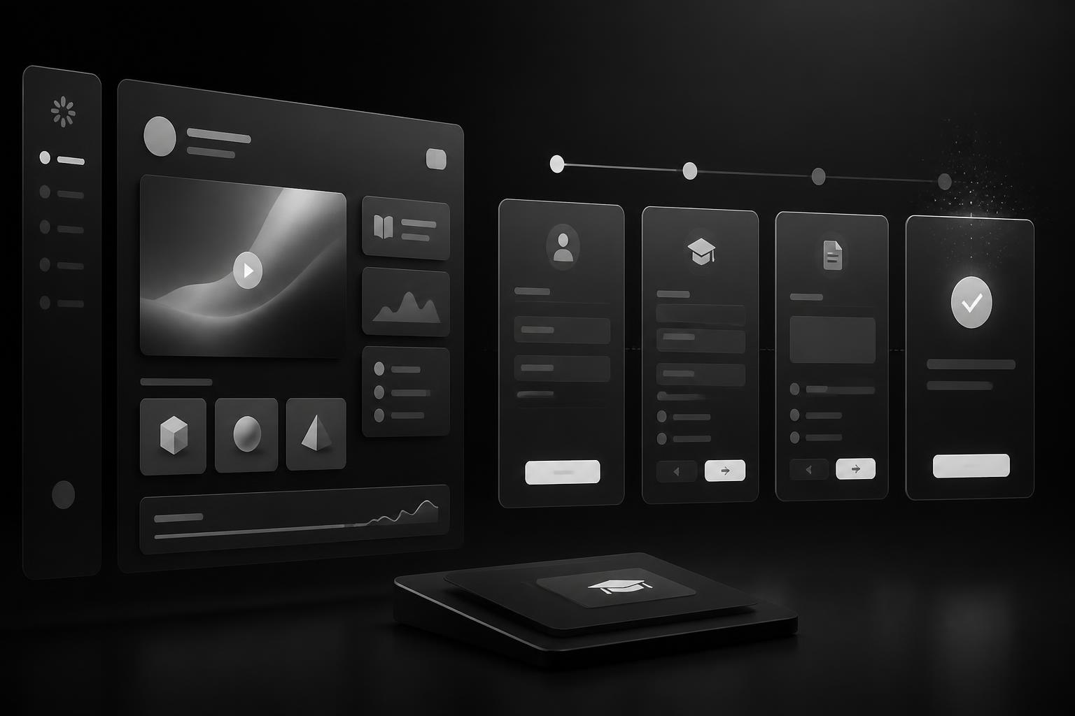 Monochrome mockup of an education platform and application flow