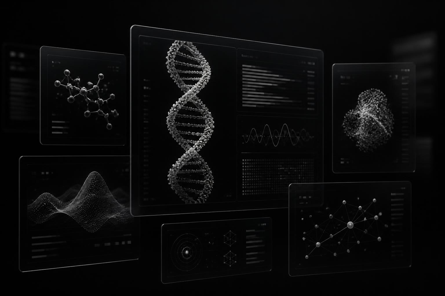 Monochrome mockup of molecular and genomic data visualizations