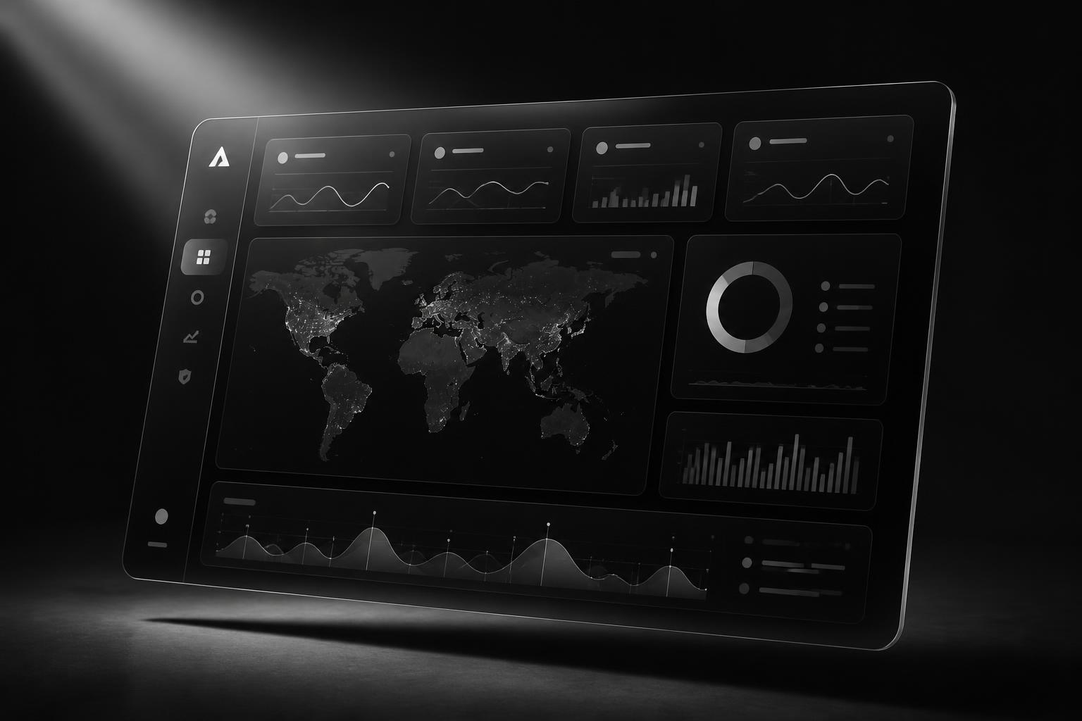 Monochrome mockup of a geospatial monitoring dashboard